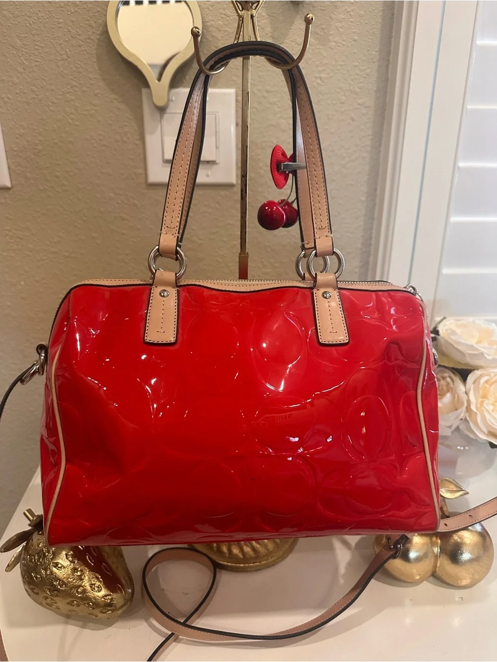 Coach Glossy Patent Cherry Satchel in Red with Tan Handles